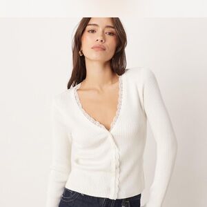 Abercrombie Women's White Ribbed Lace-Trim Button Cardigan Sweater